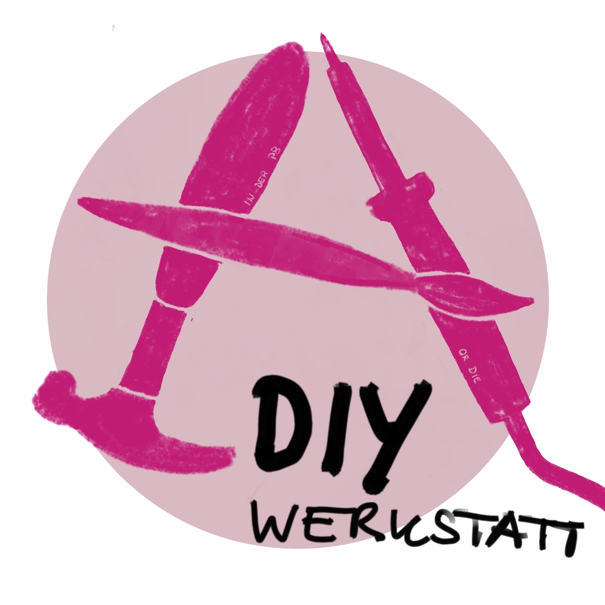 Die Grafik zeigt das Logo unserer Werkstatt. Es besteht aus einem Hammer, Pinsel und Lötkolben die wie ein A angeordet sind. Unten in der Mitte steht "DIY Werkstatt".